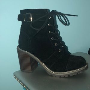 Black velvet combat heel boots